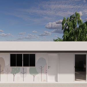 Fachada com pintura de árvores e janelas amplas.