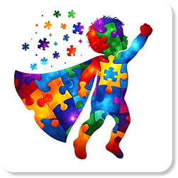 Ilustração de criança com capa formada por peças de quebra-cabeça.